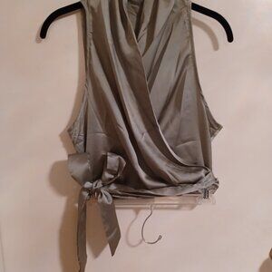 LAST CHANCE SHEIN silvery Sage Satin Wrap Tie Sleeveless Blouse